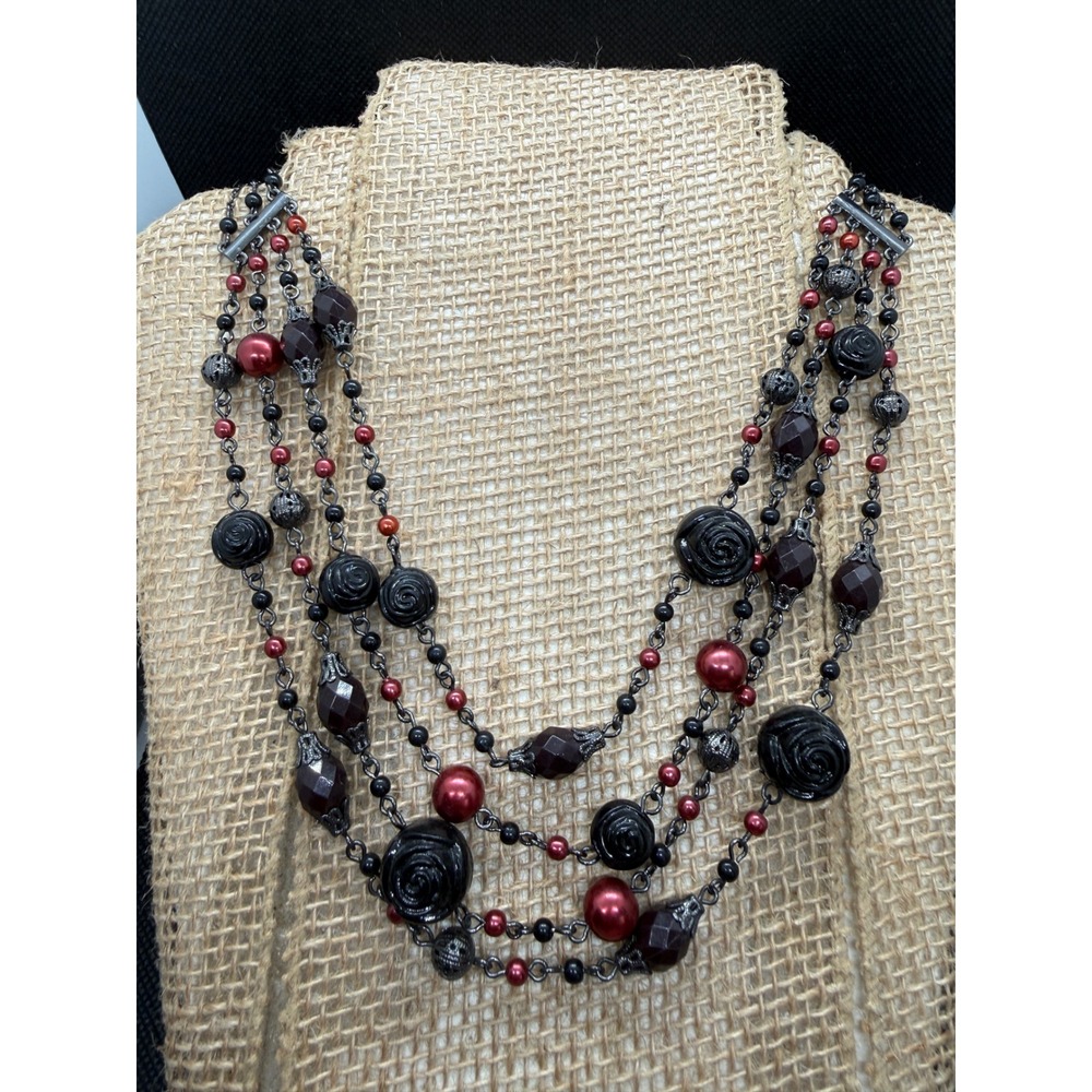 Black Red Rose Multi Strand Beaded Necklace Gunmetal Gothic Statement Jewelry